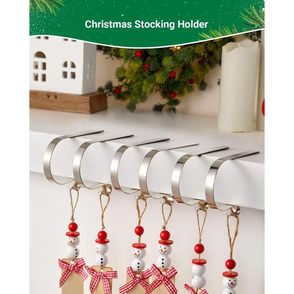 Set of 6 Non-Slip Silver Christmas Stocking Holders for Elegant Mantle Display